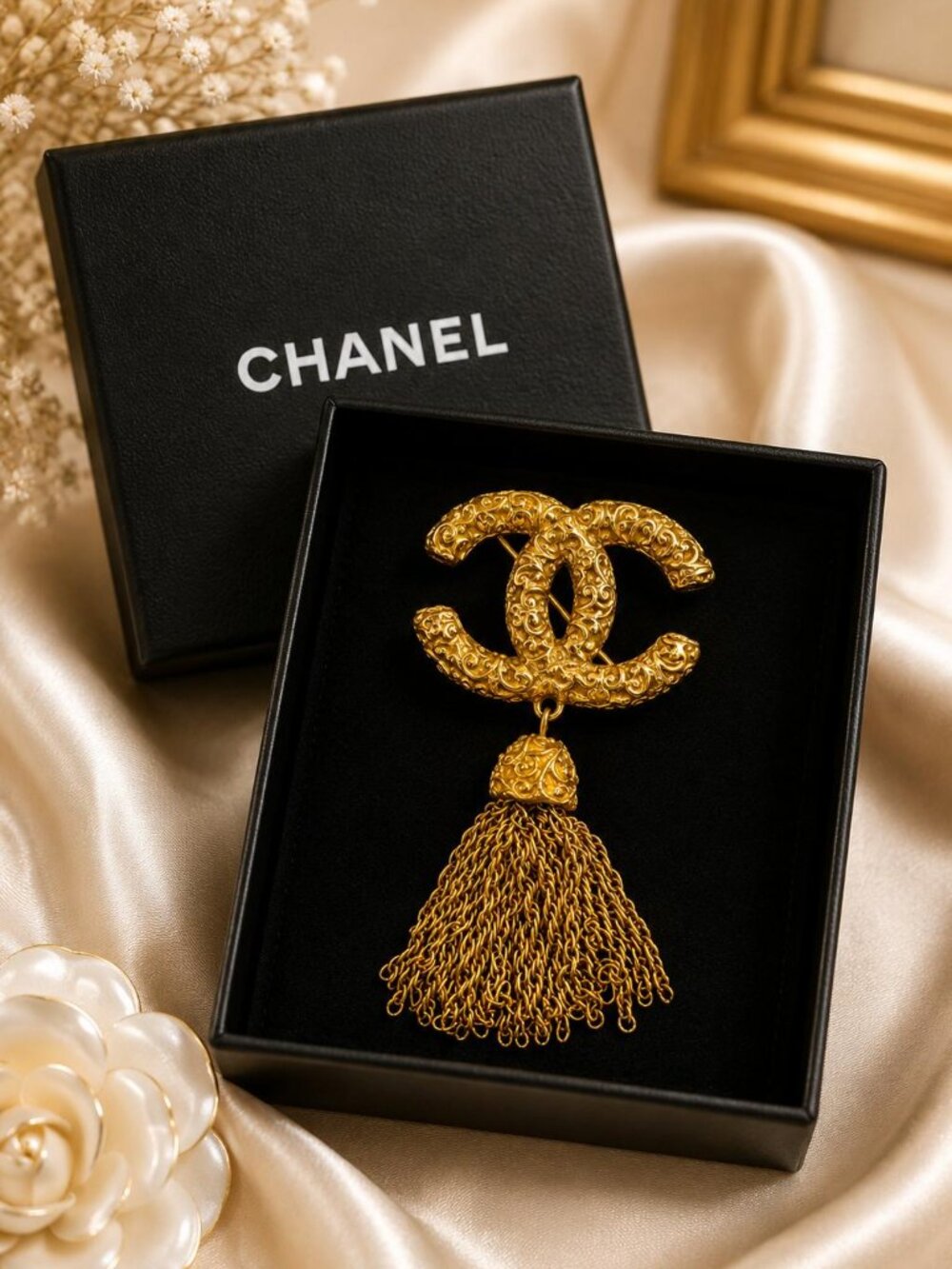 Authentic Chanel Vintage CC Logo Gold Tone Tassel Brooch Pin Statement Jewelry
